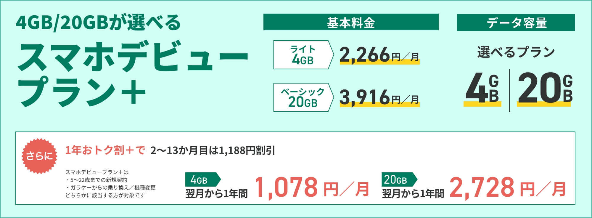 4GB/20GBが選べる スマホデビュープラン＋