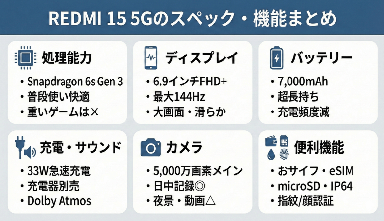 REDMI 15 5Gの機能・特徴を徹底レビュー｜スペックが簡単にわかる早見表